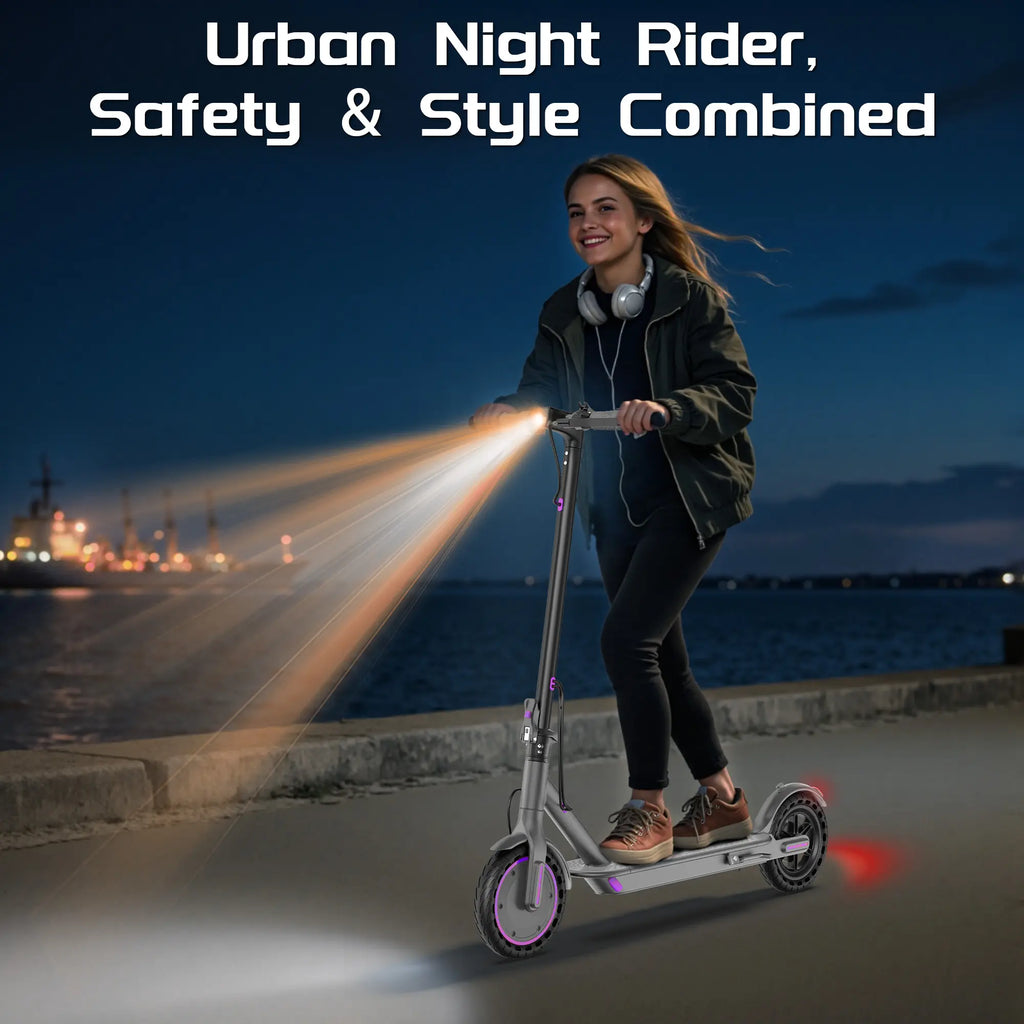 Adult Purple Electric Scooter with 19 MPH Top Speed, 350-Watt Motor, 14-18 Mile Range, Smart App Control, Portable Folding Design, 265 lbs Capacity, Eco-Friendly Option.