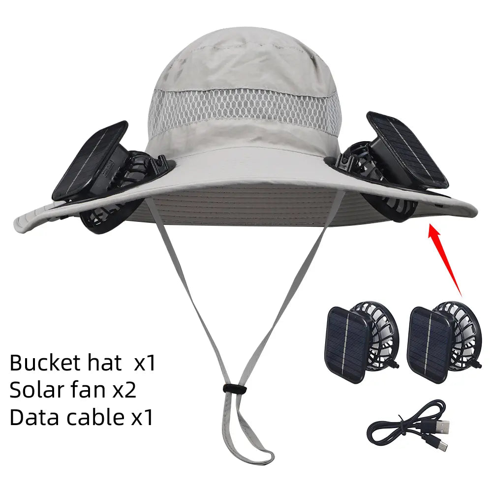 Wide Brim Solar-Powered Fan Hat for Outdoor Activities - Includes Dual Fans with Solar and USB Charging Options