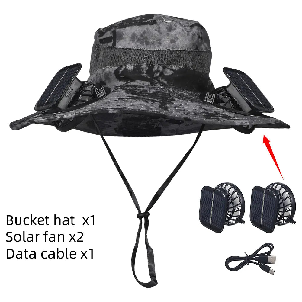 Wide Brim Solar-Powered Fan Hat for Outdoor Activities - Includes Dual Fans with Solar and USB Charging Options