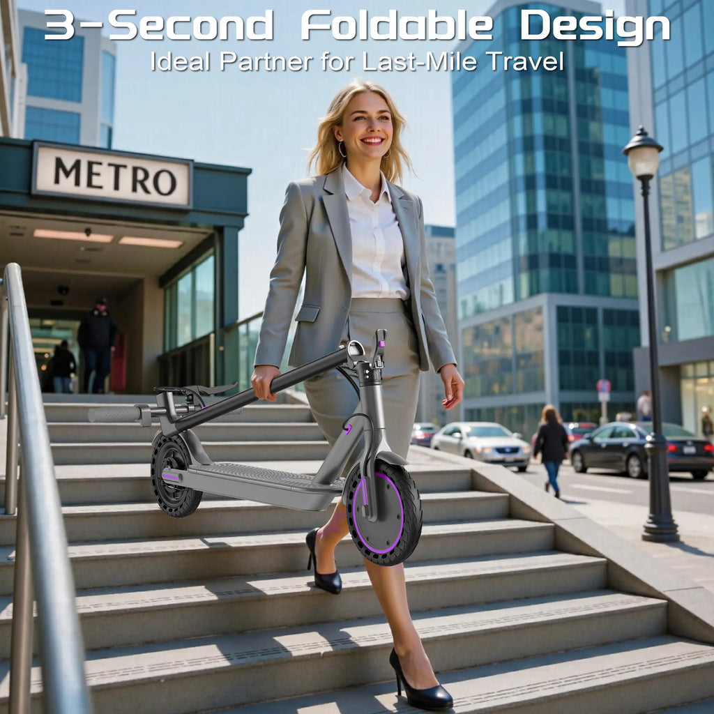Adult Purple Electric Scooter with 19 MPH Top Speed, 350-Watt Motor, 14-18 Mile Range, Smart App Control, Portable Folding Design, 265 lbs Capacity, Eco-Friendly Option.