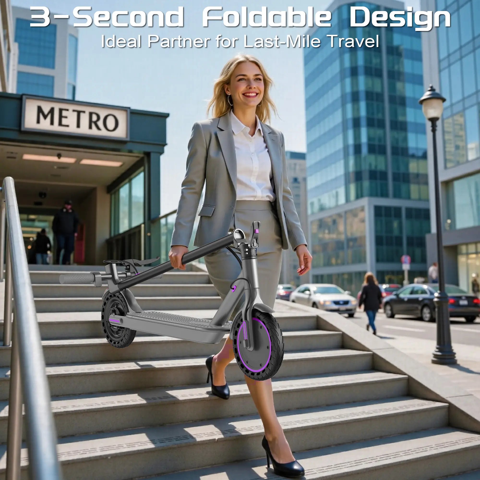 Adult Purple Electric Scooter with 19 MPH Top Speed, 350-Watt Motor, 14-18 Mile Range, Smart App Control, Portable Folding Design, 265 lbs Capacity, Eco-Friendly Option.