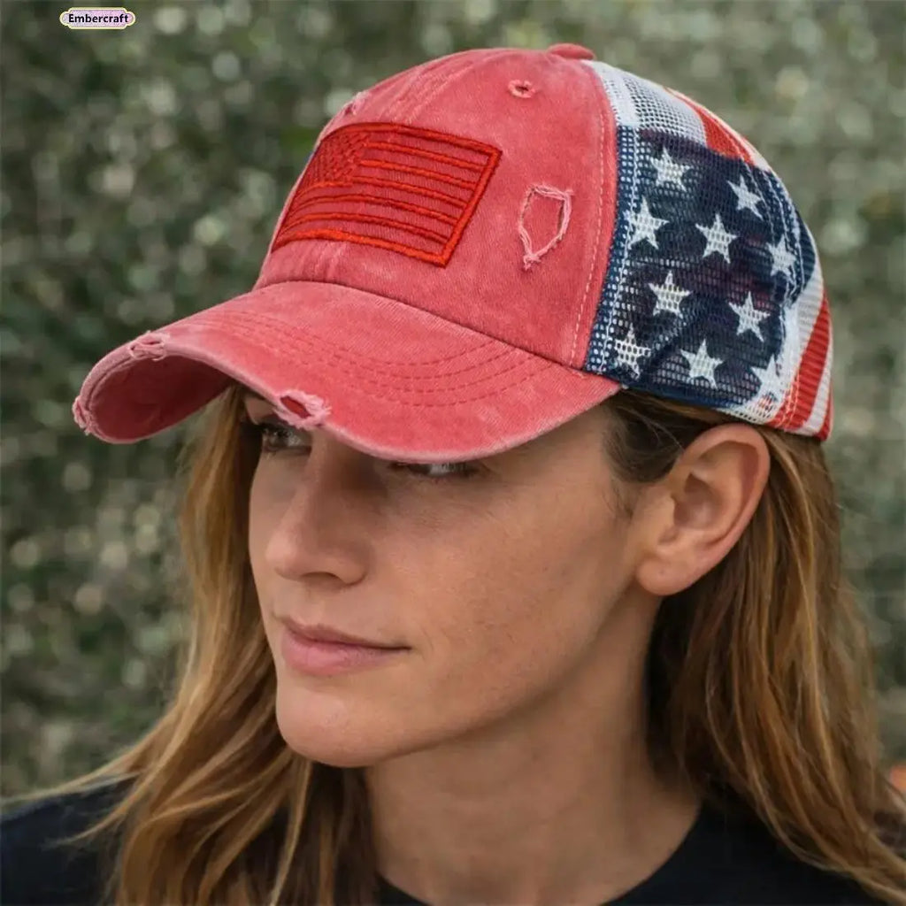 Women's Vintage American Flag Trucker Hat - Distressed Washed USA Patriotic Baseball Cap with Retro Mesh Back and Adjustable Snapback for Summer Outdoor Wear