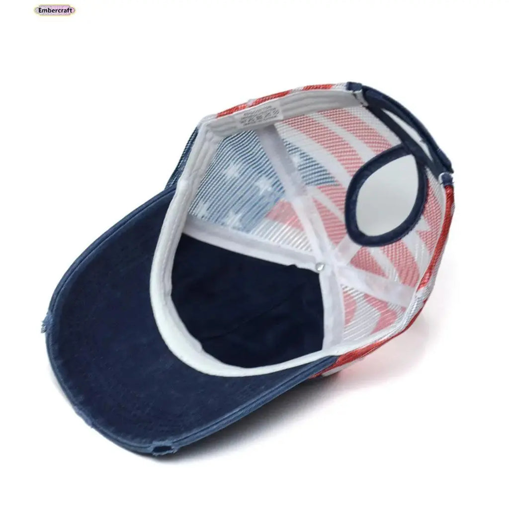Women's Vintage American Flag Trucker Hat - Distressed Washed USA Patriotic Baseball Cap with Retro Mesh Back and Adjustable Snapback for Summer Outdoor Wear