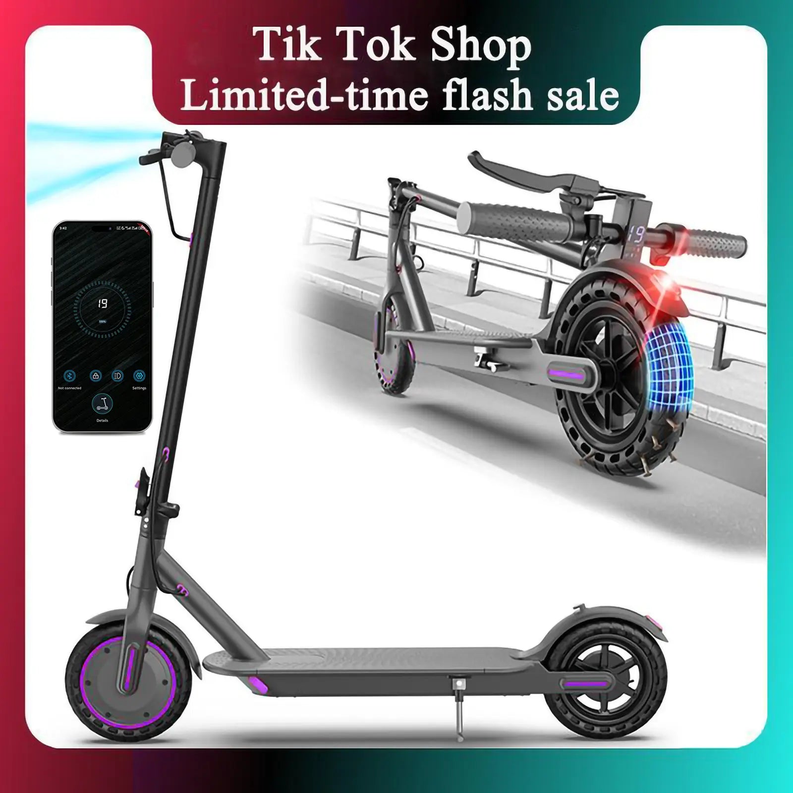 Adult Purple Electric Scooter with 19 MPH Top Speed, 350-Watt Motor, 14-18 Mile Range, Smart App Control, Portable Folding Design, 265 lbs Capacity, Eco-Friendly Option.