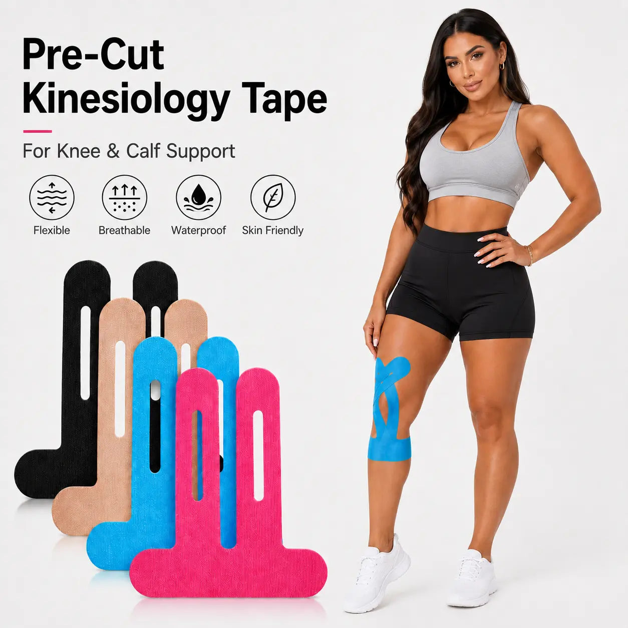 Precut Waterproof Kinesiology Tape for Knee Support, 10 Pieces - Ideal for Running, Gym, Basketball, and Training