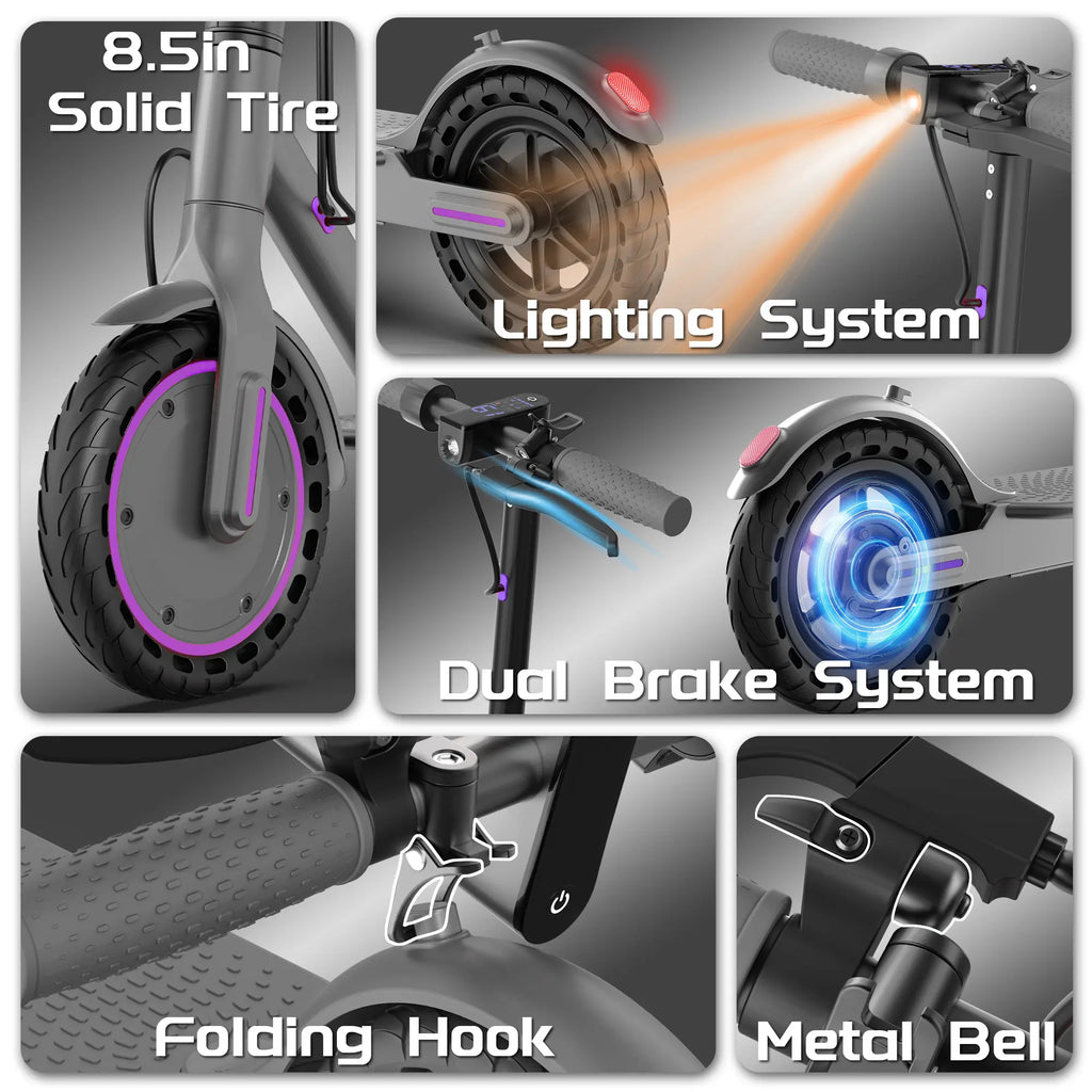 Adult Purple Electric Scooter with 19 MPH Top Speed, 350-Watt Motor, 14-18 Mile Range, Smart App Control, Portable Folding Design, 265 lbs Capacity, Eco-Friendly Option.