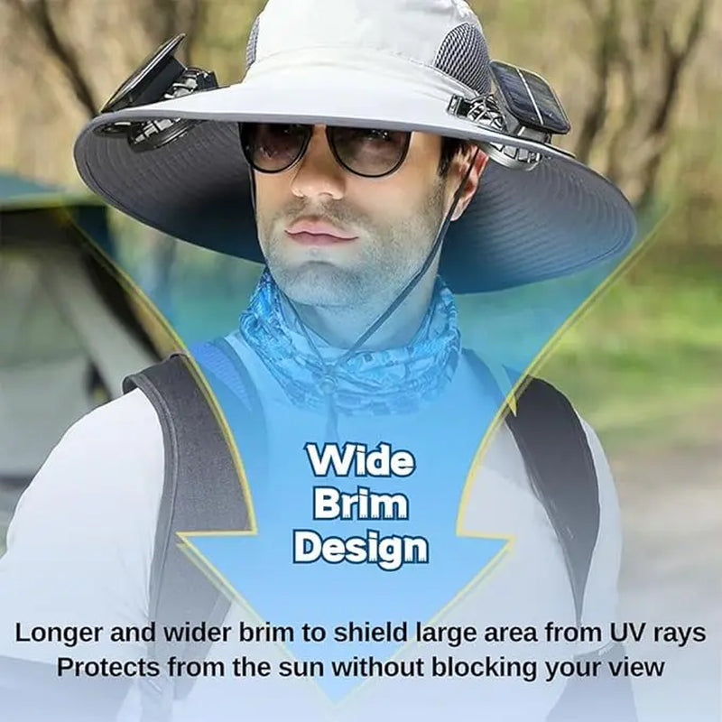 Wide Brim Solar-Powered Fan Hat for Outdoor Activities - Includes Dual Fans with Solar and USB Charging Options