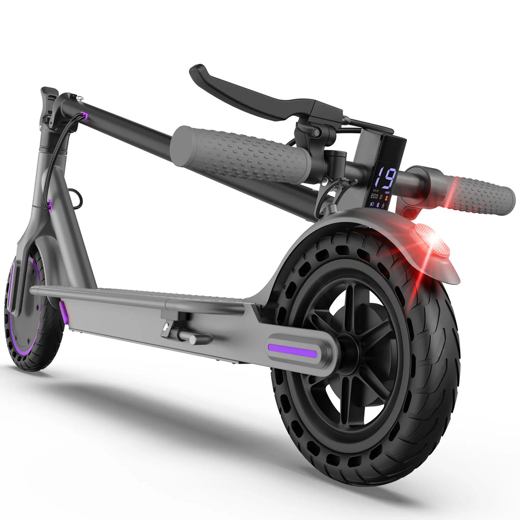 Adult Purple Electric Scooter with 19 MPH Top Speed, 350-Watt Motor, 14-18 Mile Range, Smart App Control, Portable Folding Design, 265 lbs Capacity, Eco-Friendly Option.