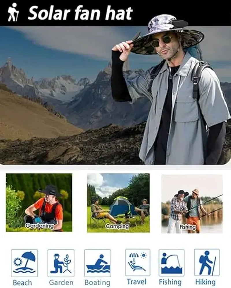 Wide Brim Solar-Powered Fan Hat for Outdoor Activities - Includes Dual Fans with Solar and USB Charging Options