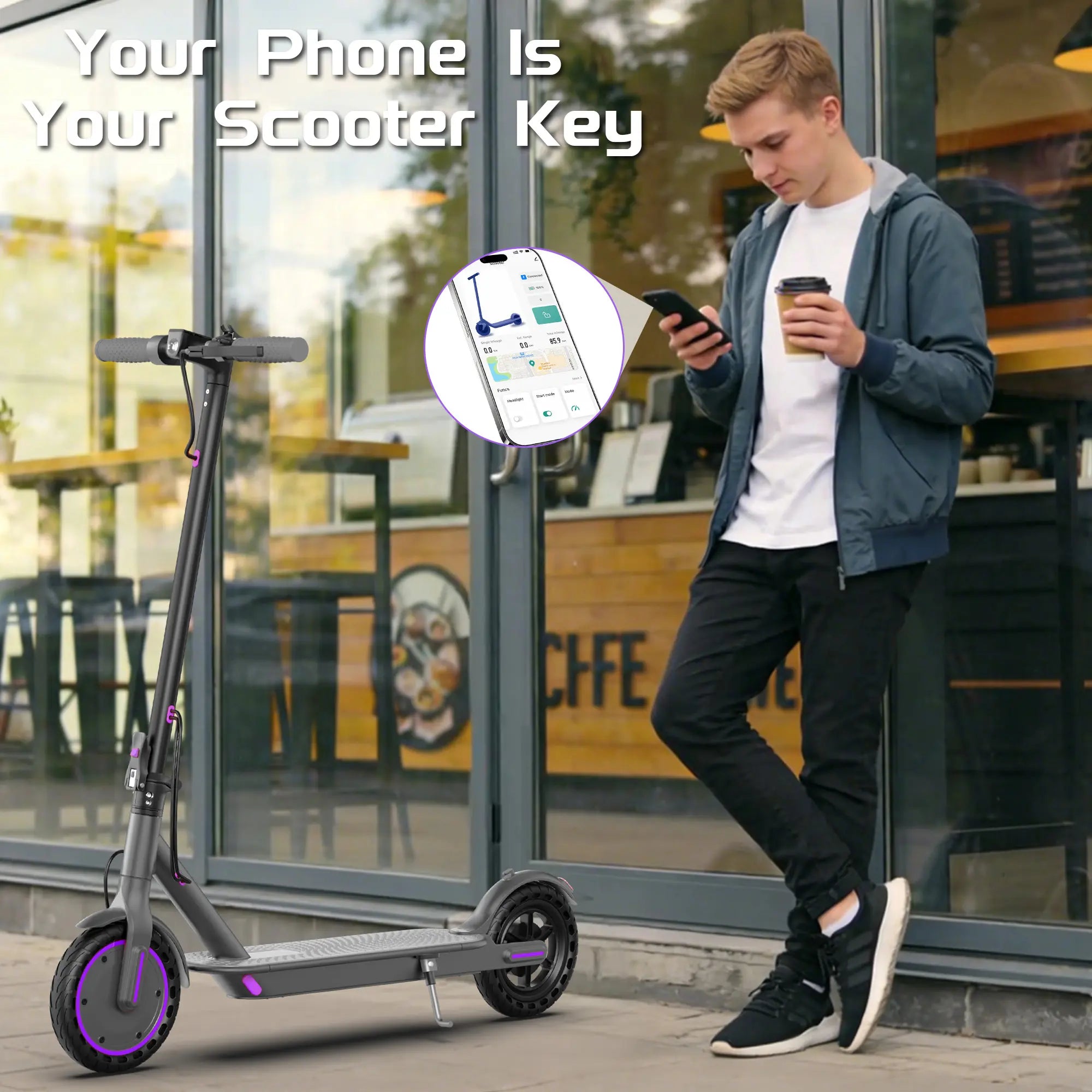 Adult Purple Electric Scooter with 19 MPH Top Speed, 350-Watt Motor, 14-18 Mile Range, Smart App Control, Portable Folding Design, 265 lbs Capacity, Eco-Friendly Option.