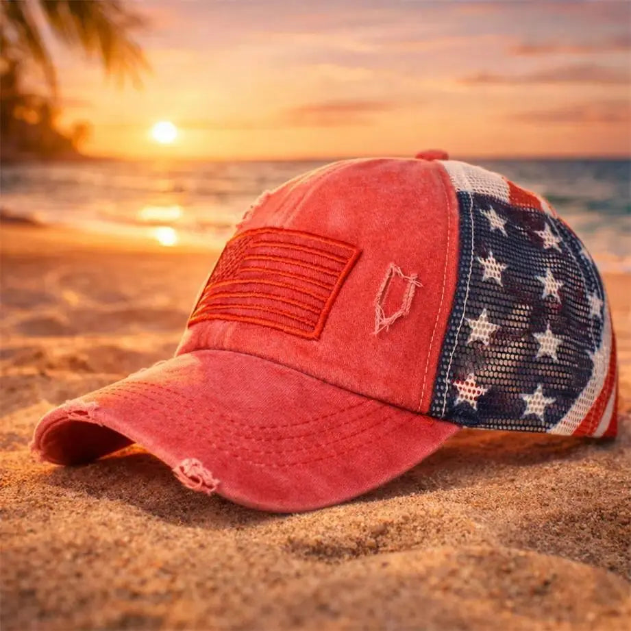 Women's Vintage American Flag Trucker Hat - Distressed Washed USA Patriotic Baseball Cap with Retro Mesh Back and Adjustable Snapback for Summer Outdoor Wear