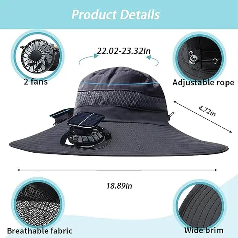 Wide Brim Solar-Powered Fan Hat for Outdoor Activities - Includes Dual Fans with Solar and USB Charging Options