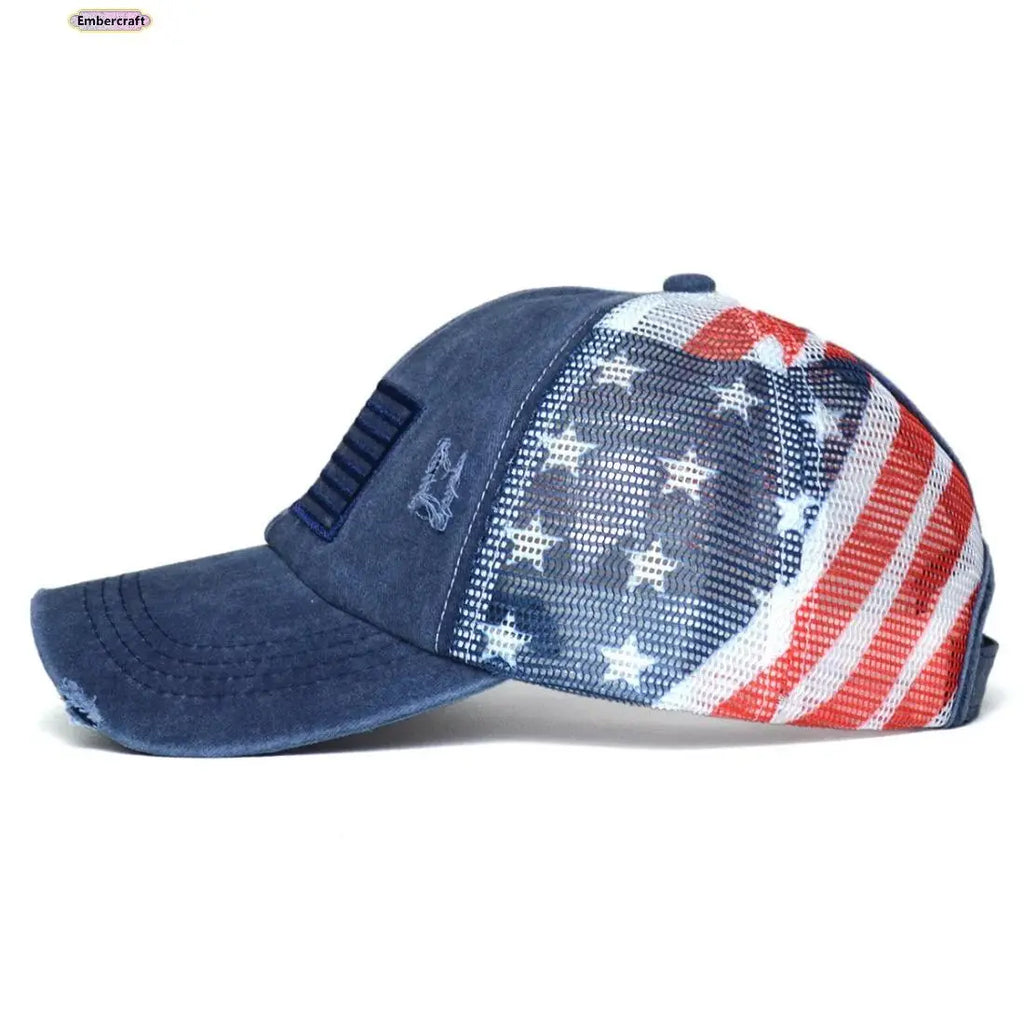 Women's Vintage American Flag Trucker Hat - Distressed Washed USA Patriotic Baseball Cap with Retro Mesh Back and Adjustable Snapback for Summer Outdoor Wear