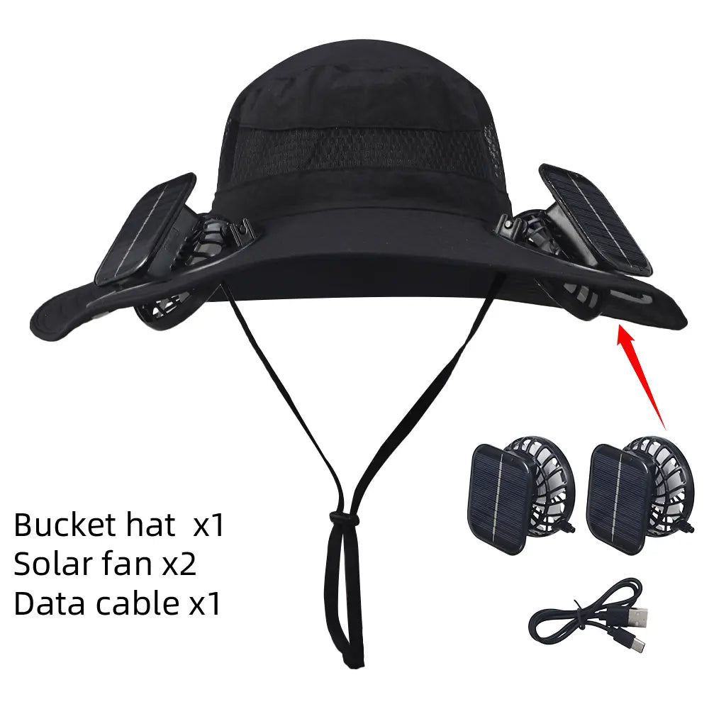 Wide Brim Solar-Powered Fan Hat for Outdoor Activities - Includes Dual Fans with Solar and USB Charging Options