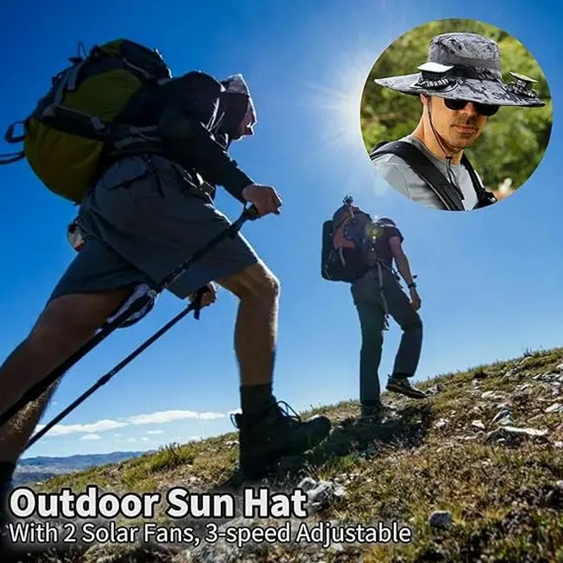 Wide Brim Solar-Powered Fan Hat for Outdoor Activities - Includes Dual Fans with Solar and USB Charging Options
