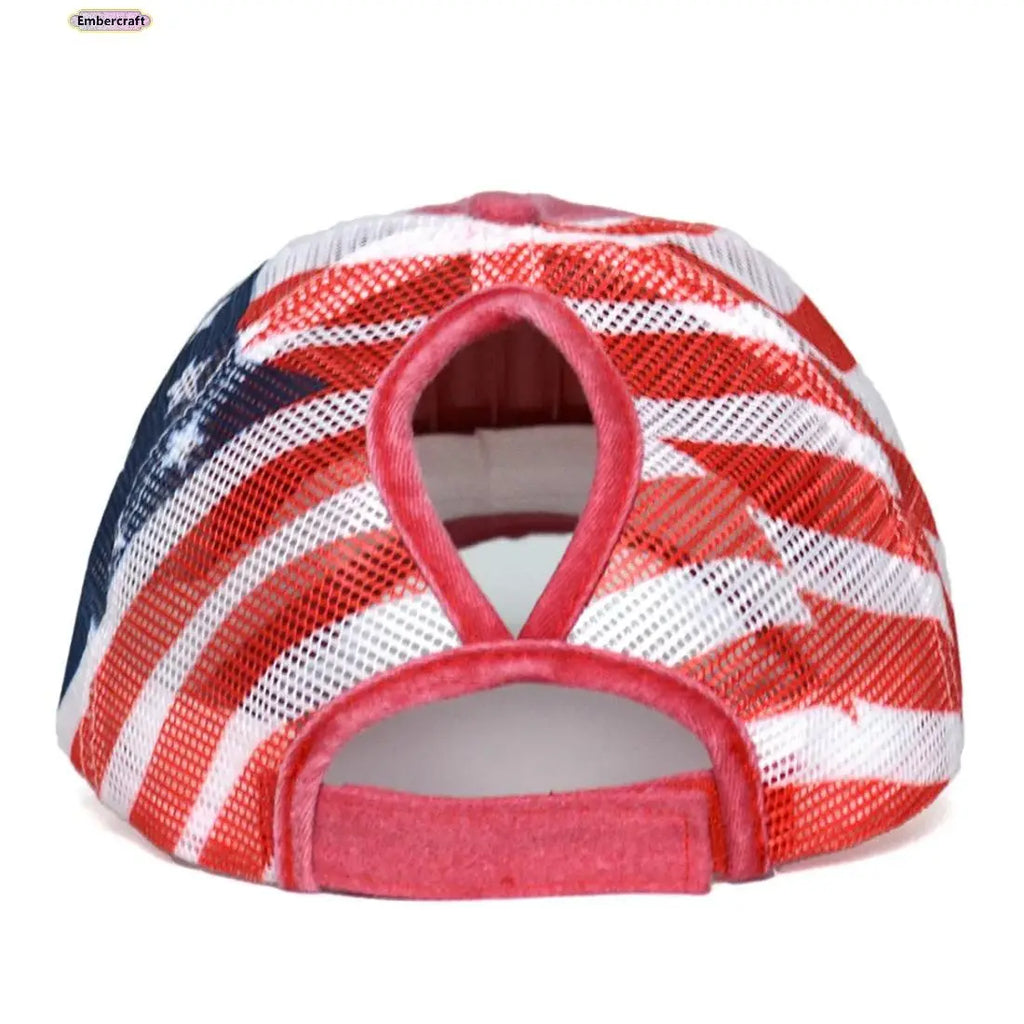 Women's Vintage American Flag Trucker Hat - Distressed Washed USA Patriotic Baseball Cap with Retro Mesh Back and Adjustable Snapback for Summer Outdoor Wear