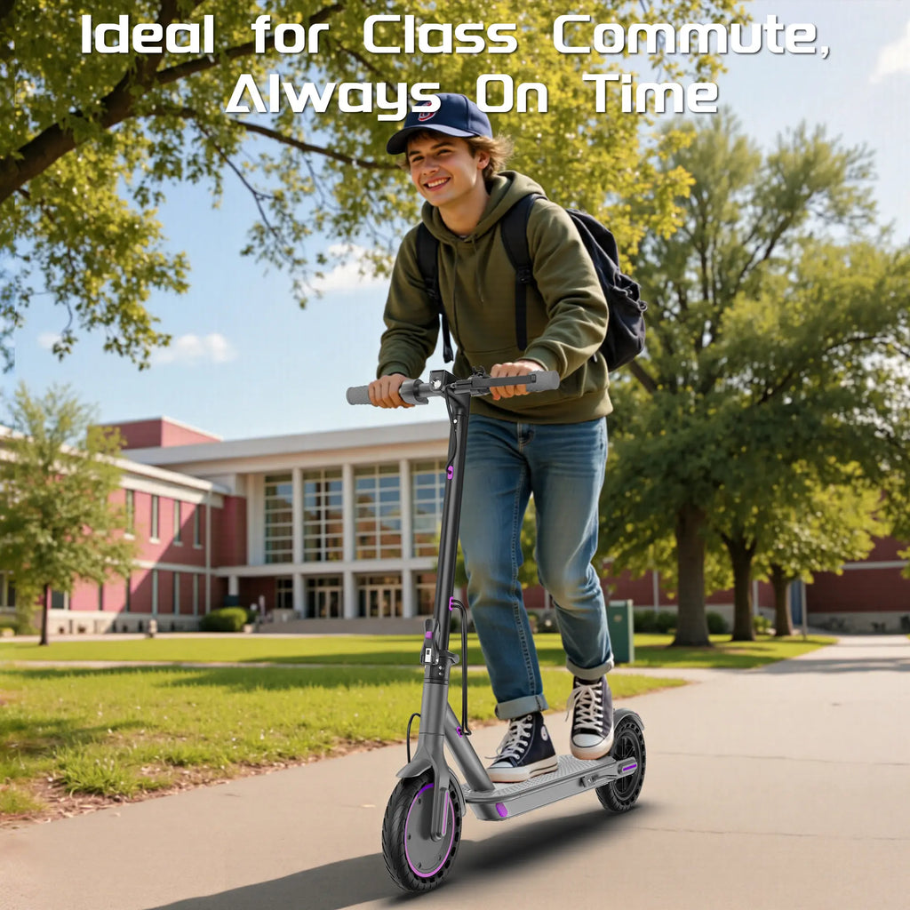 Adult Purple Electric Scooter with 19 MPH Top Speed, 350-Watt Motor, 14-18 Mile Range, Smart App Control, Portable Folding Design, 265 lbs Capacity, Eco-Friendly Option.