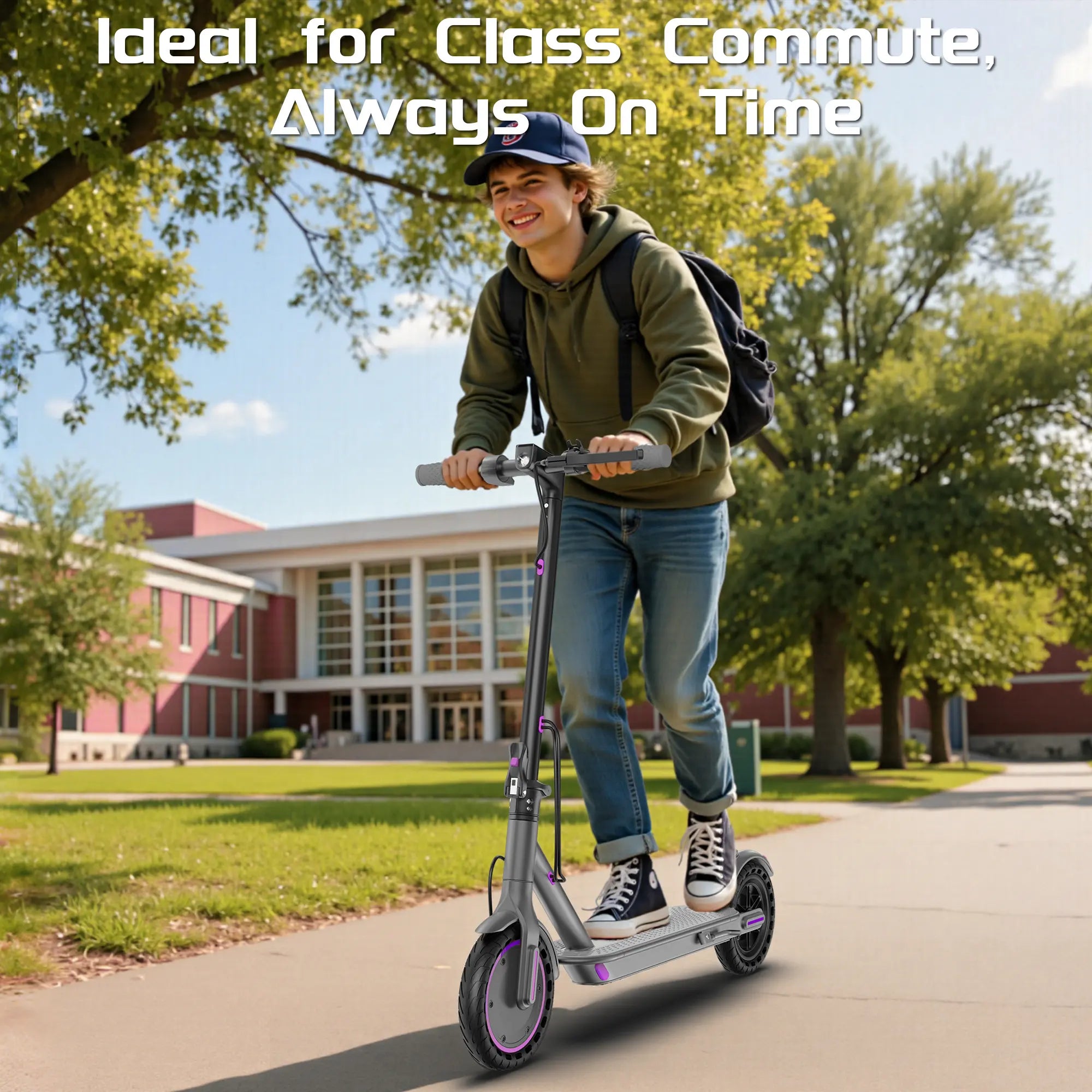Adult Purple Electric Scooter with 19 MPH Top Speed, 350-Watt Motor, 14-18 Mile Range, Smart App Control, Portable Folding Design, 265 lbs Capacity, Eco-Friendly Option.