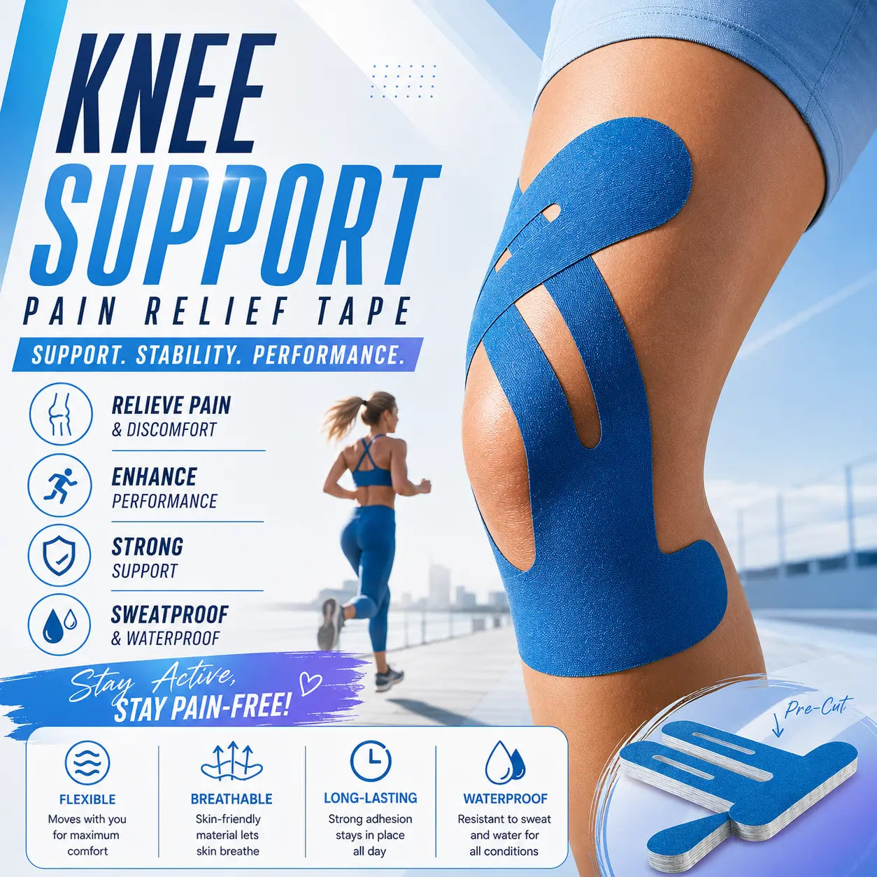 Precut Waterproof Kinesiology Tape for Knee Support, 10 Pieces - Ideal for Running, Gym, Basketball, and Training