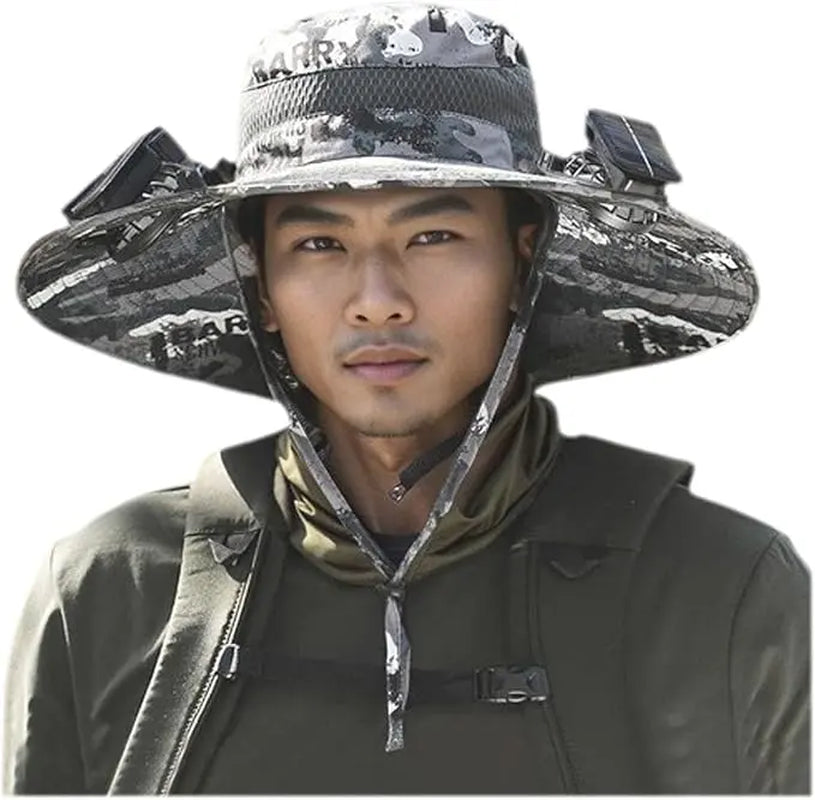 Wide Brim Solar-Powered Fan Hat for Outdoor Activities - Includes Dual Fans with Solar and USB Charging Options