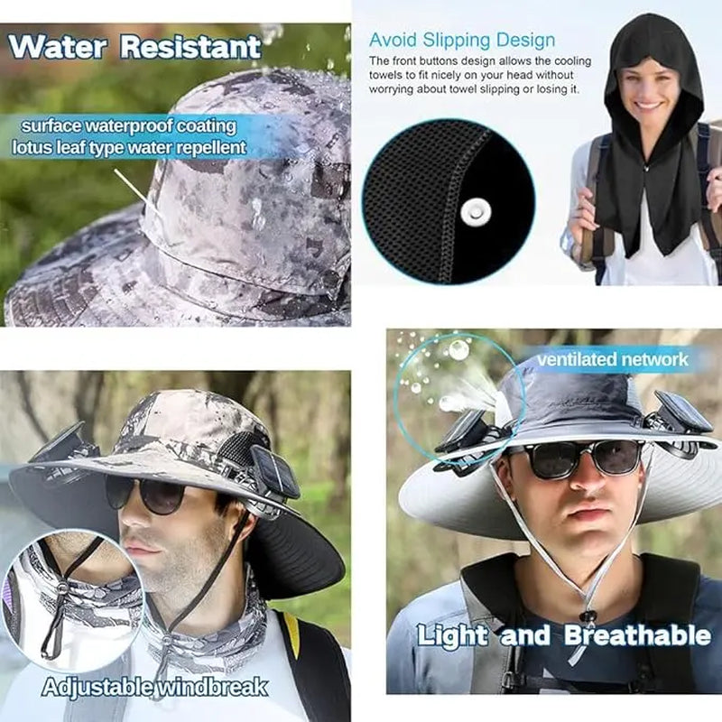 Wide Brim Solar-Powered Fan Hat for Outdoor Activities - Includes Dual Fans with Solar and USB Charging Options