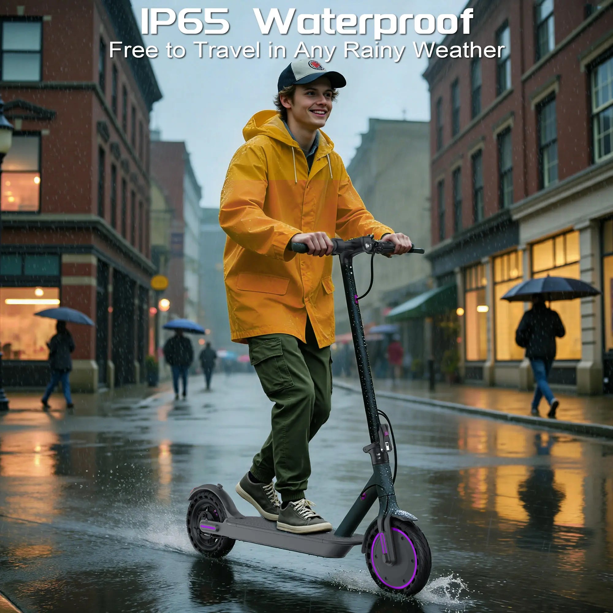 Adult Purple Electric Scooter with 19 MPH Top Speed, 350-Watt Motor, 14-18 Mile Range, Smart App Control, Portable Folding Design, 265 lbs Capacity, Eco-Friendly Option.