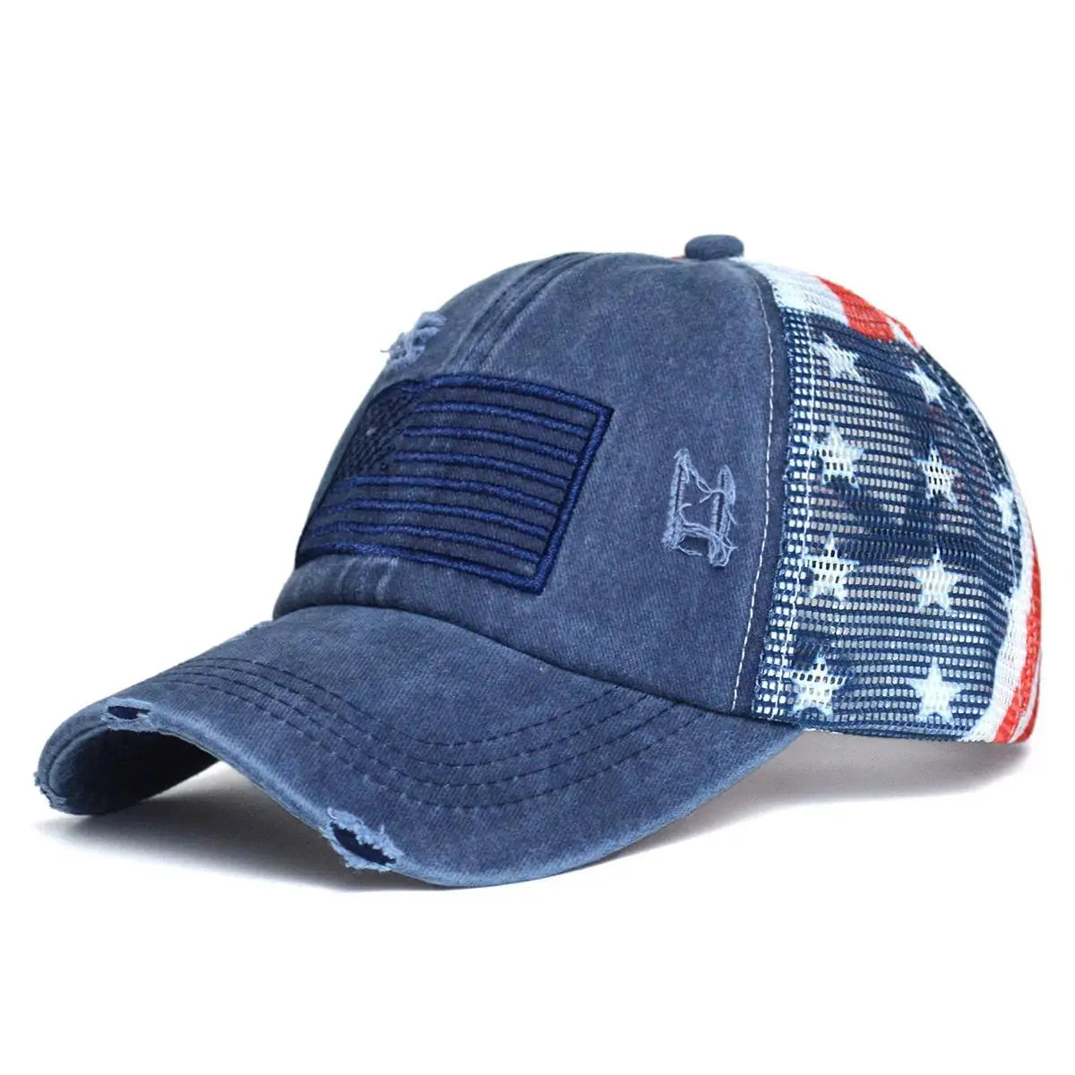 Women's Vintage American Flag Trucker Hat - Distressed Washed USA Patriotic Baseball Cap with Retro Mesh Back and Adjustable Snapback for Summer Outdoor Wear