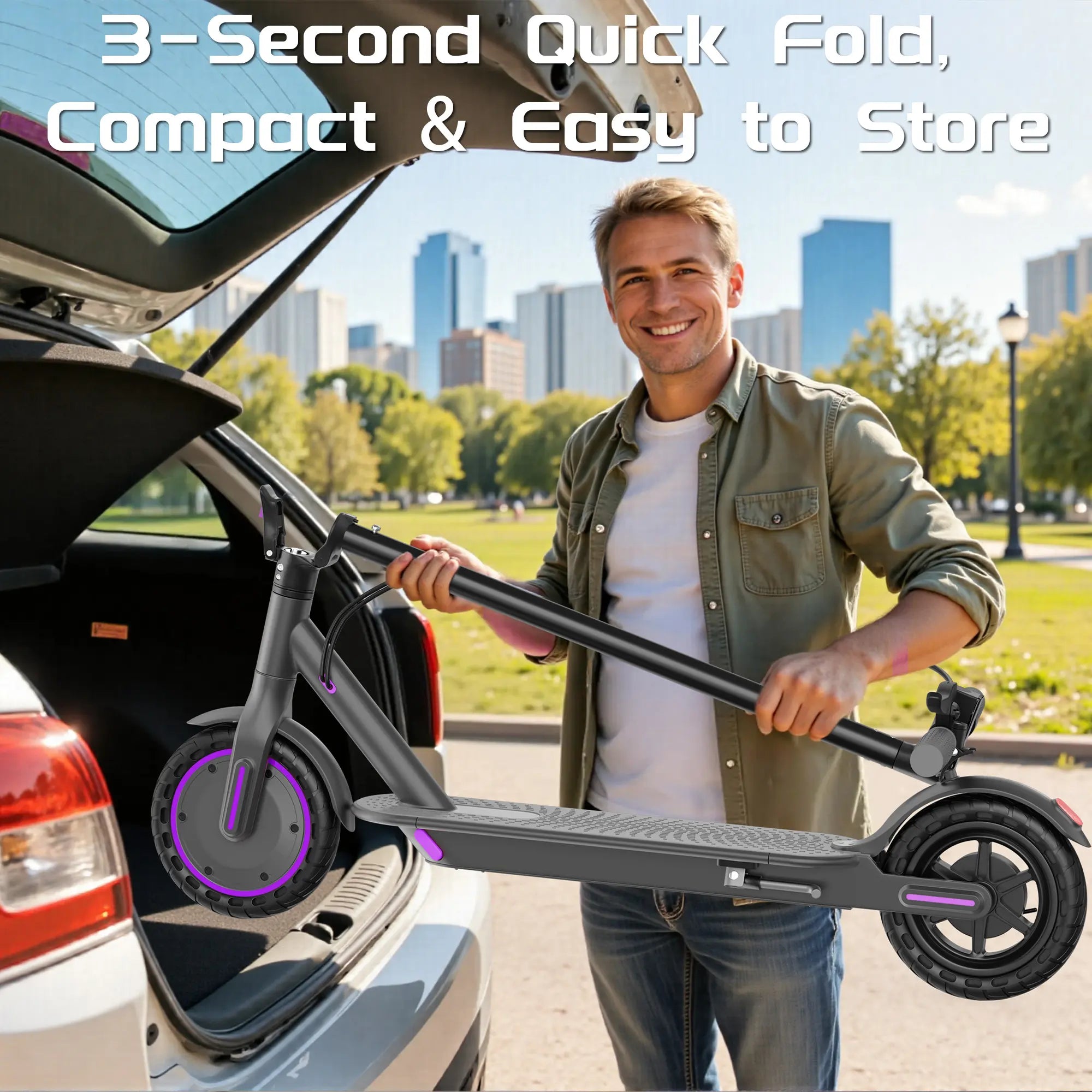 Adult Purple Electric Scooter with 19 MPH Top Speed, 350-Watt Motor, 14-18 Mile Range, Smart App Control, Portable Folding Design, 265 lbs Capacity, Eco-Friendly Option.