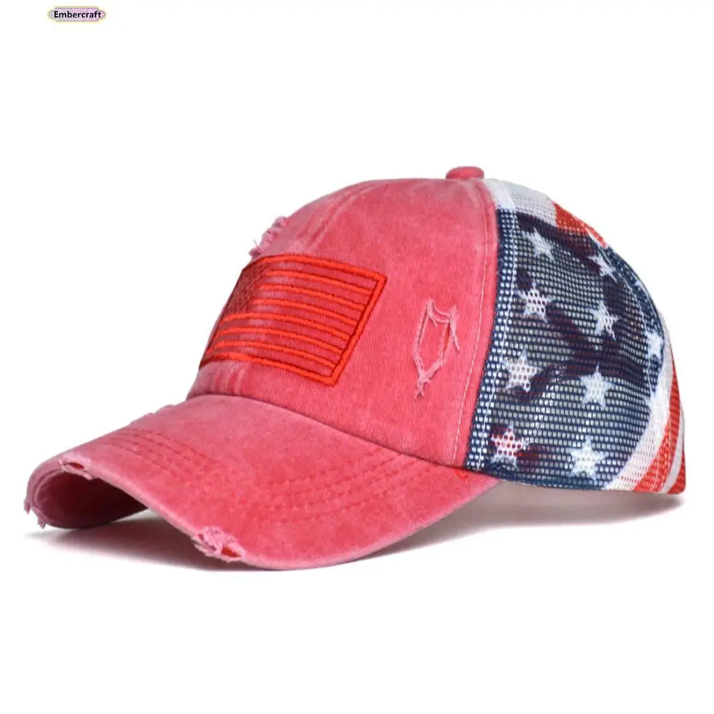 Women's Vintage American Flag Trucker Hat - Distressed Washed USA Patriotic Baseball Cap with Retro Mesh Back and Adjustable Snapback for Summer Outdoor Wear