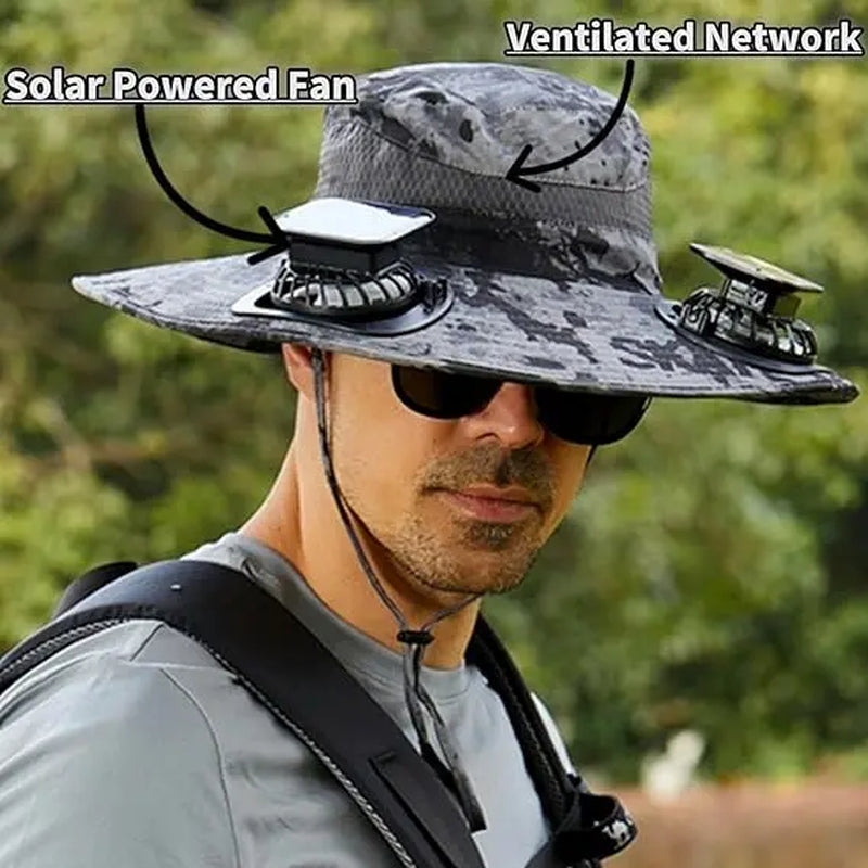Wide Brim Solar-Powered Fan Hat for Outdoor Activities - Includes Dual Fans with Solar and USB Charging Options