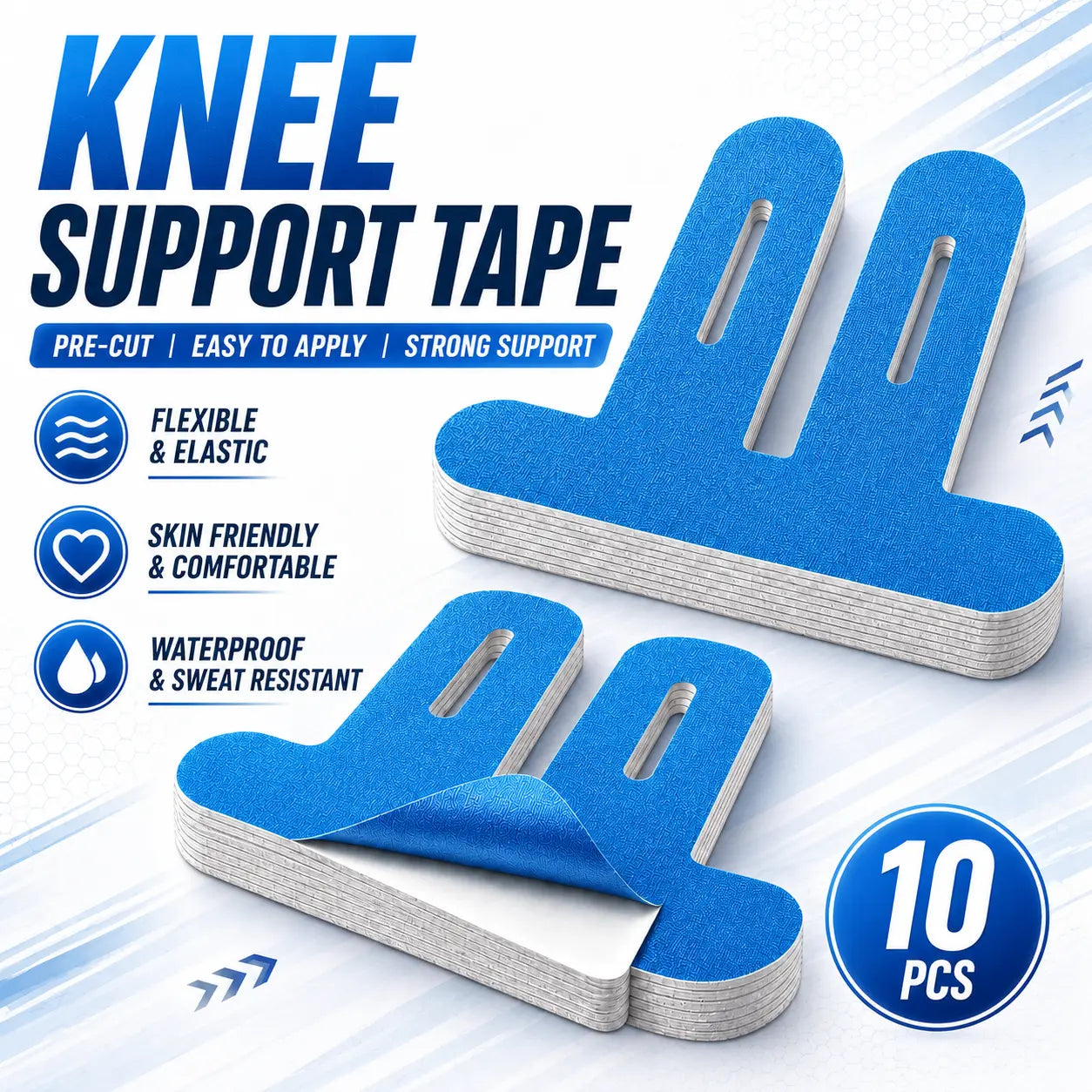 Precut Waterproof Kinesiology Tape for Knee Support, 10 Pieces - Ideal for Running, Gym, Basketball, and Training